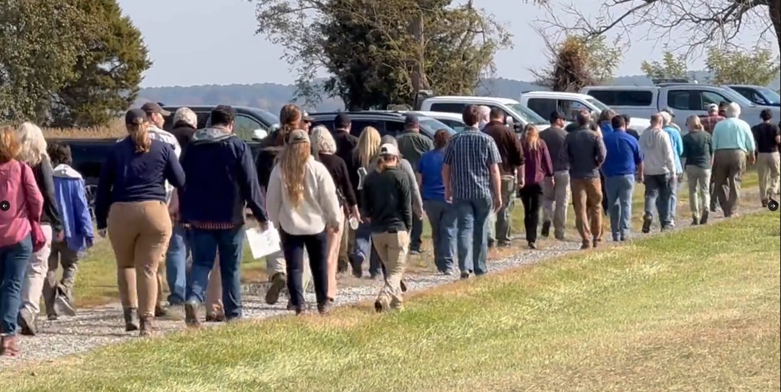 Workshop group walking a field path