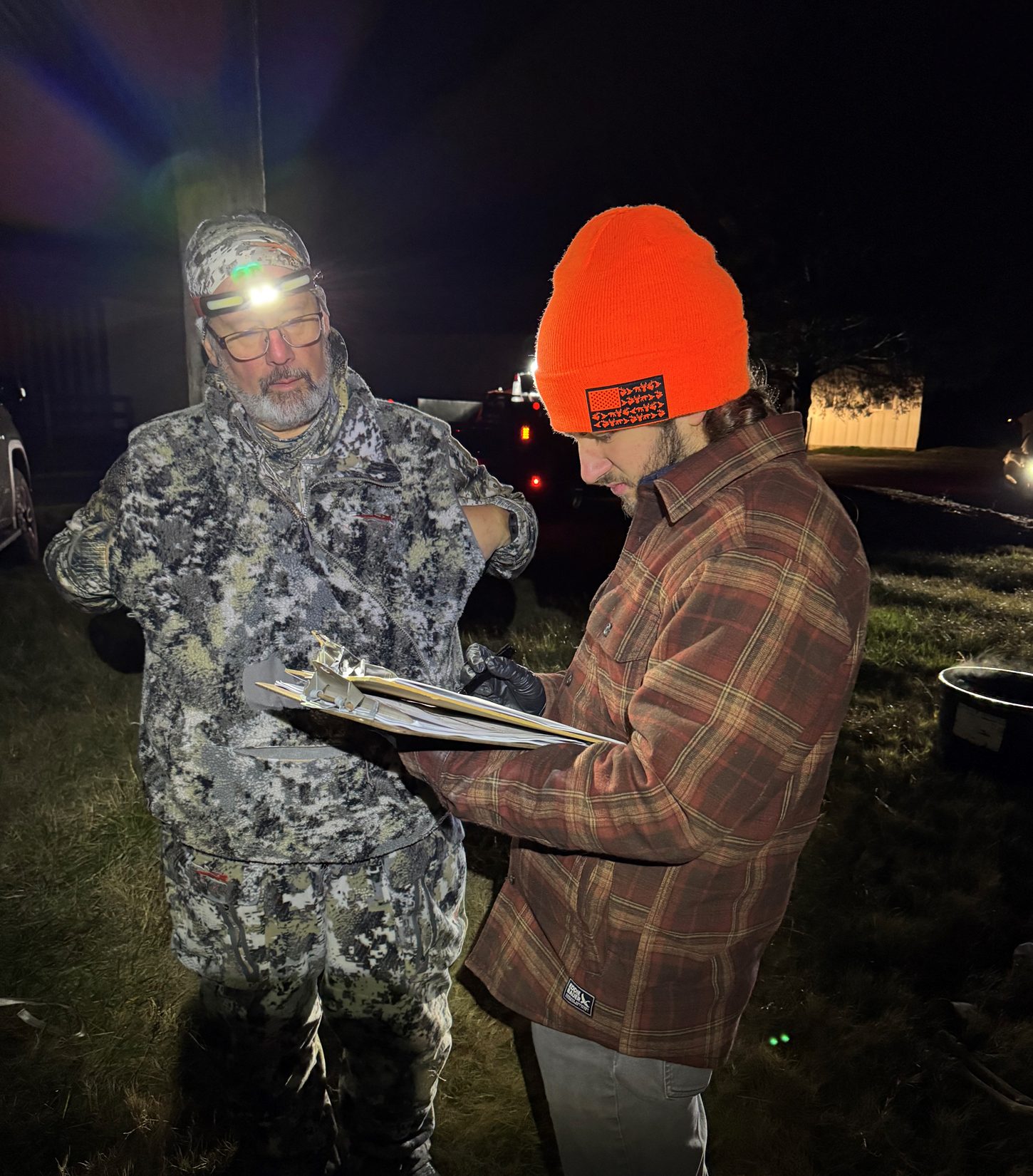 Night fieldwork with headlamps and clipboard